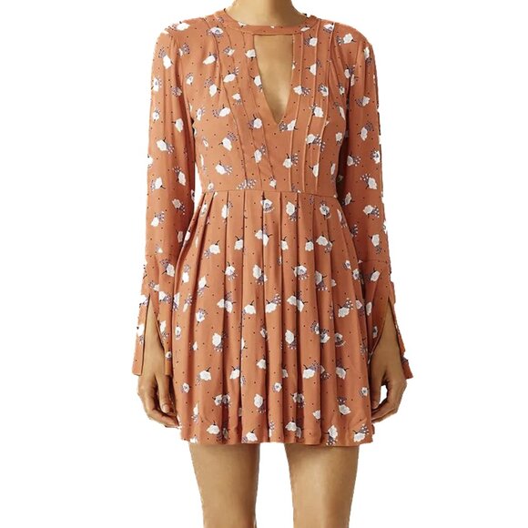 Free People Printed Tegan Brown White Keyhole Floral Cocktail Mini Dress Size 2 - Picture 1 of 7
